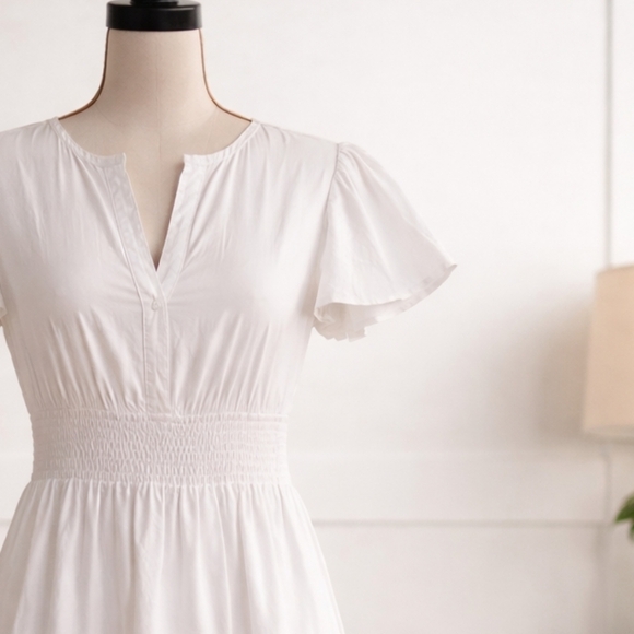 Mable White Cotton Midi Dress Smocked Waist Tiered Flutter Sleeve - Picture 3 of 7